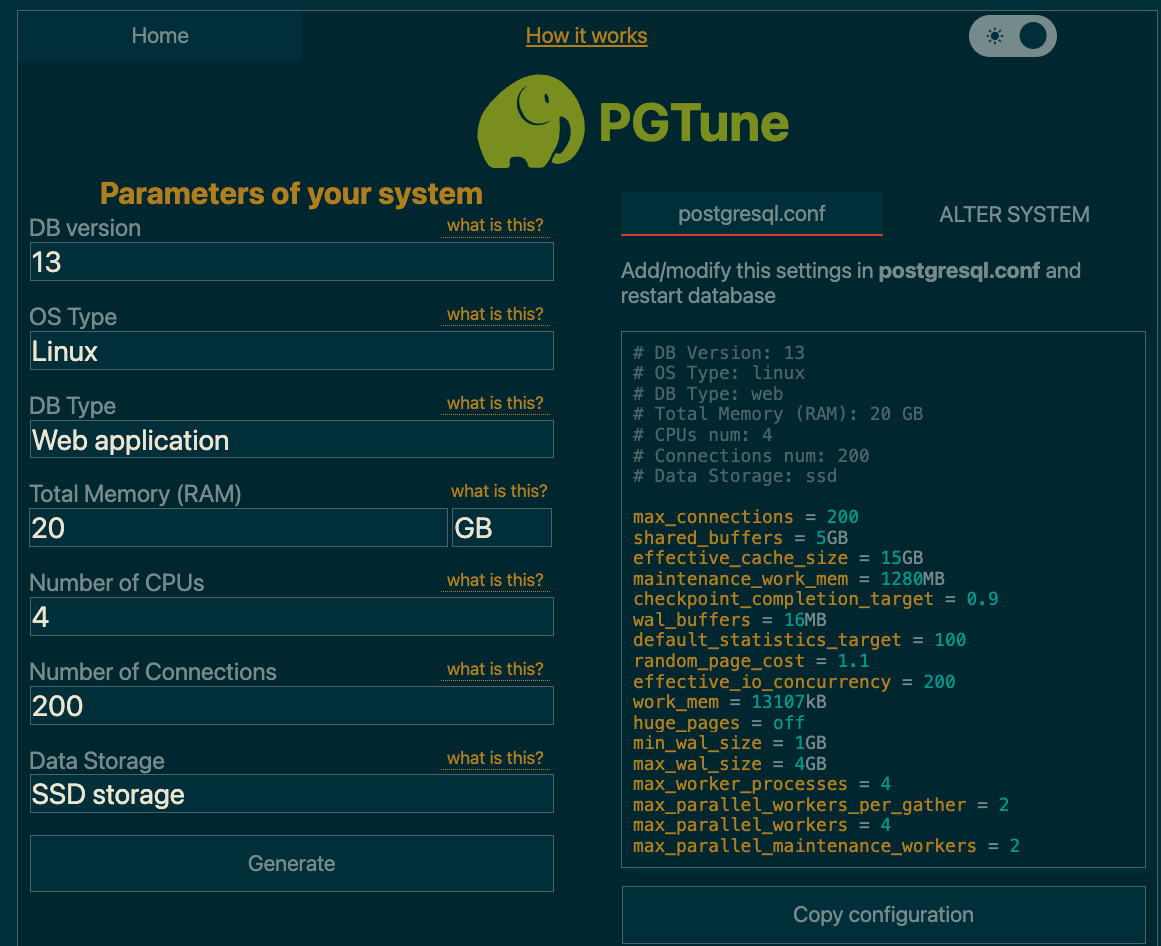 postgres suggested configurations by pgtune