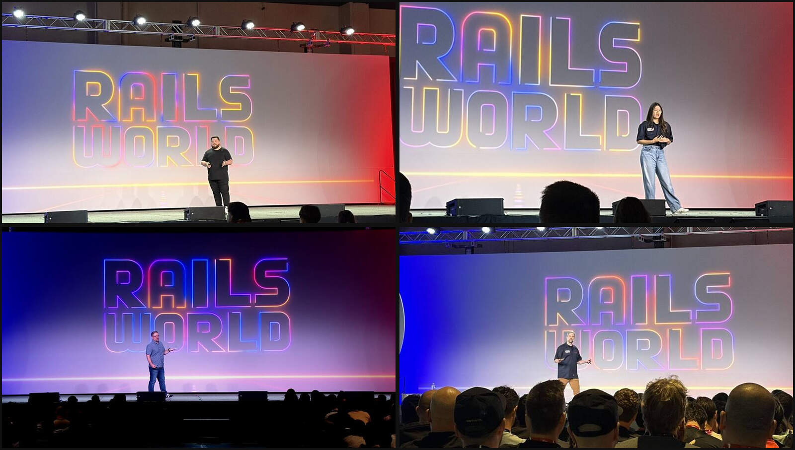 Four photos of speakers on the Rails World 2026 main stage, each in front of the neon Rails World logo: Marco Roth (top left), Jenny Shen (top right), Mike Dalessio (bottom left), and Aaron Patterson (bottom right)