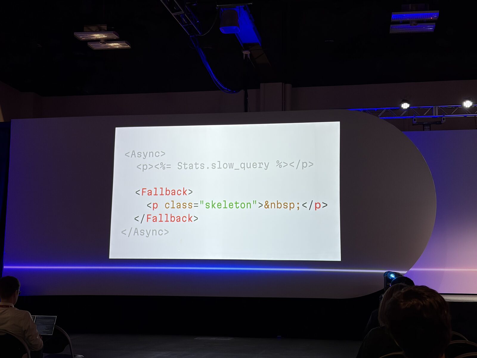 A slide showing an Async block wrapping a slow Stats.slow_query call, with a Fallback block rendering a skeleton placeholder paragraph until the async content is ready