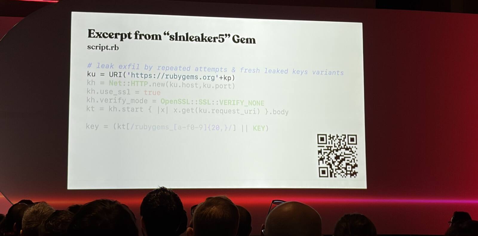 A slide titled 'Excerpt from "slnleaker5" Gem' showing script.rb making a Net::HTTP request to rubygems.org with SSL verification disabled, then matching the response body against the rubygems_ API key pattern