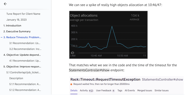 Screenshot of a sample Tune Report, Rails performance optimization audit provided by FastRuby.io